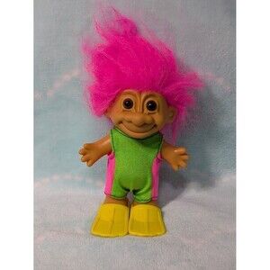 Vintage Russ Troll Doll – Neon Swimsuit & Yellow Flippers – Pink Hair – Item #18